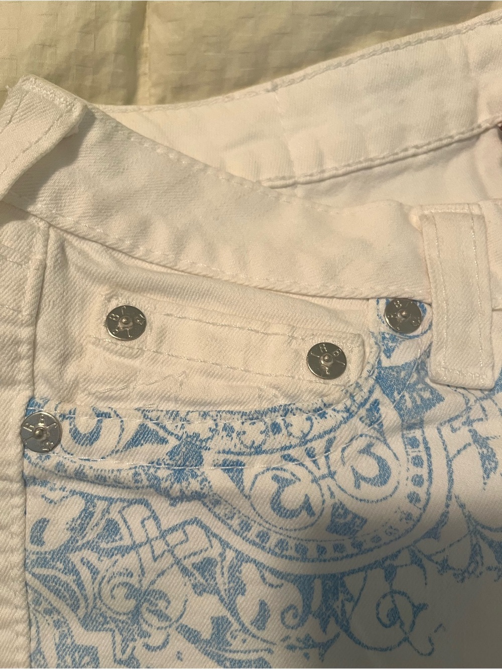 True Religion White Denim Shorts with Light Blue Scroll Print - Picture 7 of 12